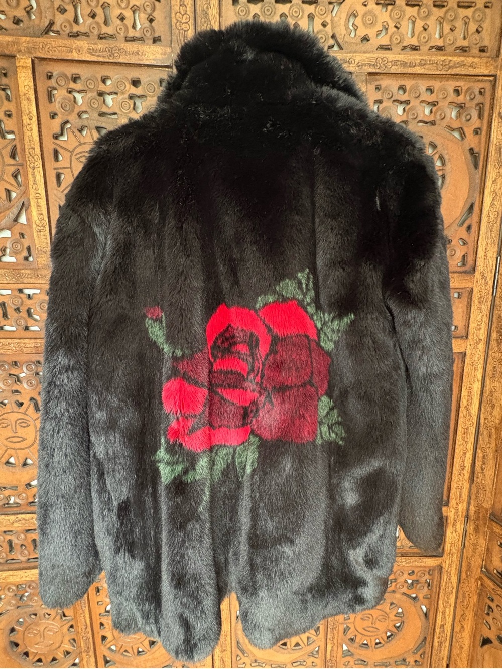 CURRENT MOOD Dolls Kill Seedy Nature Black Faux Fur Coat - Red Rose Graphic - M